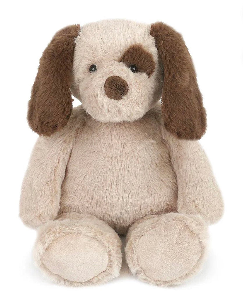 A plush stuffed dog toy with long floppy brown ears, a cream-colored face and body, and a brown snout, photographed against a plain white background.