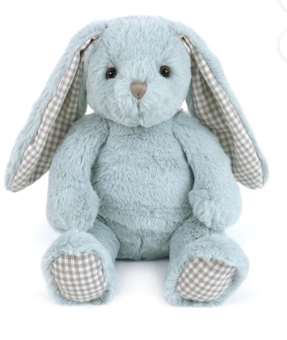 A light blue plush bunny stuffed animal with long ears and a gingham pattern lining, photographed against a plain white background.