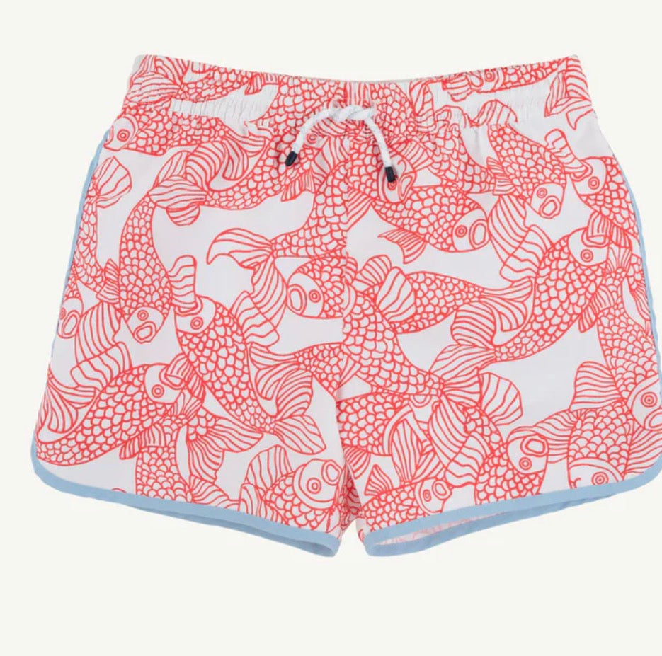 Red white and blue Fish-patterned swim shorts on a white background