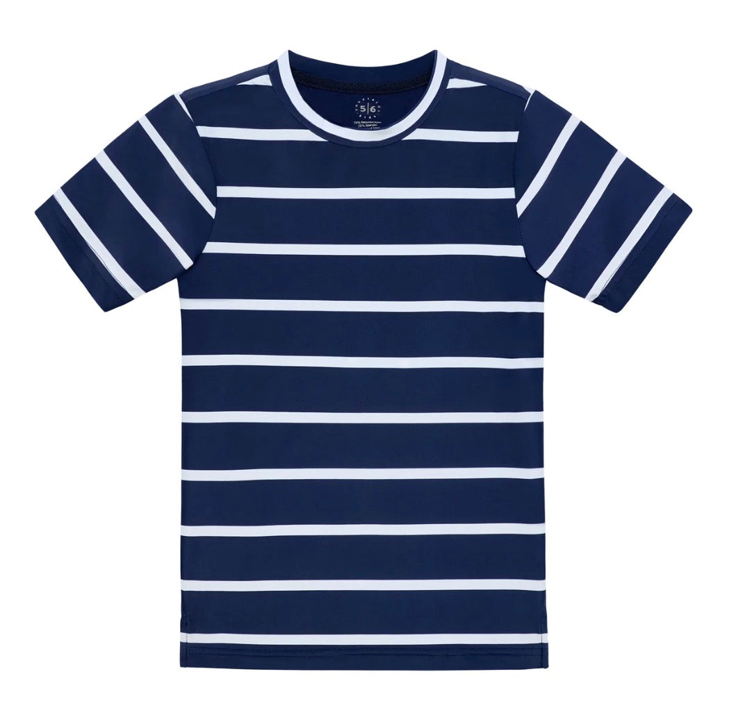 Navy and white striped t-shirt on a white background