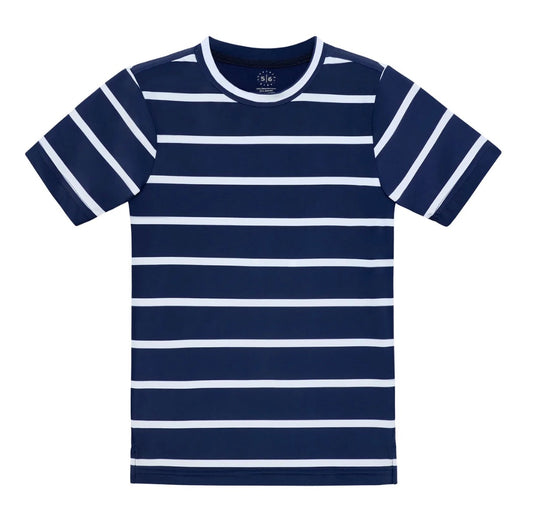 Navy and white striped t-shirt on a white background