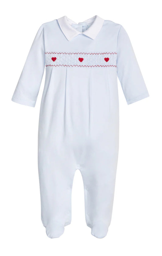 Smocked Footie - Blue Hearts