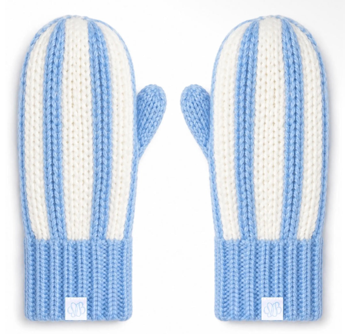 A pair of chunky knit winter mittens with vertical light blue and off-white stripes, shown from the front on a clean white background.