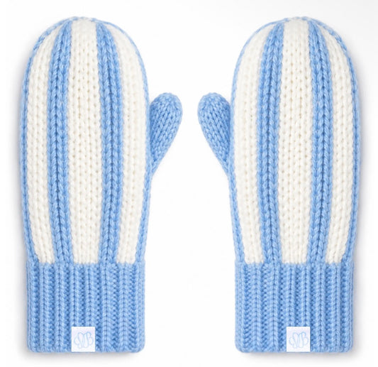 A pair of chunky knit winter mittens with vertical light blue and off-white stripes, shown from the front on a clean white background.