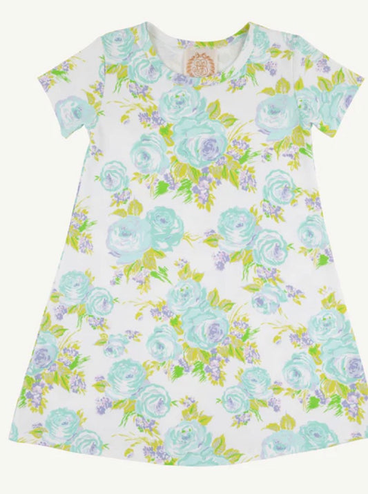 Green and blue Floral patterned dress on a white background