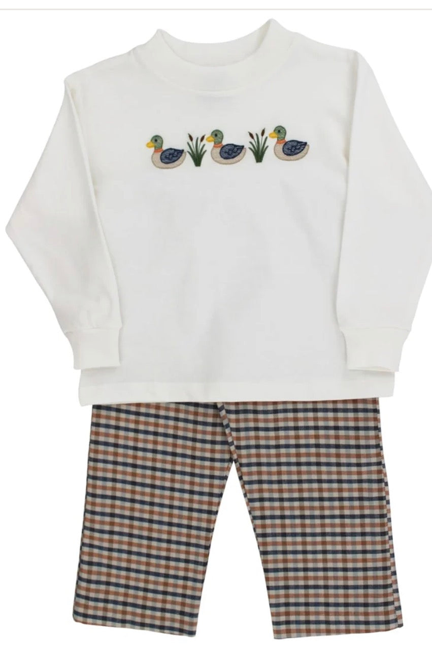 Plaid pants with tan shirt with duck designs 