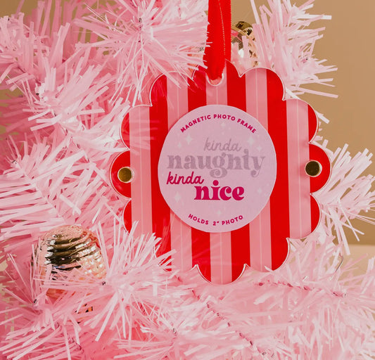 Scalloped Round Picture Frame Ornament - Peppermint Stripes