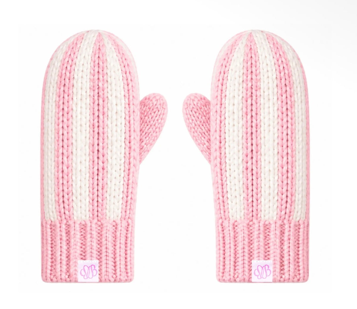 A pair of pink and off-white striped knit mittens with with a ribbed cuff 