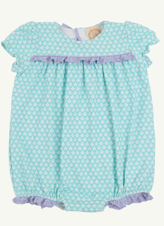 Teal and white pattern swimsuit with purple trim 