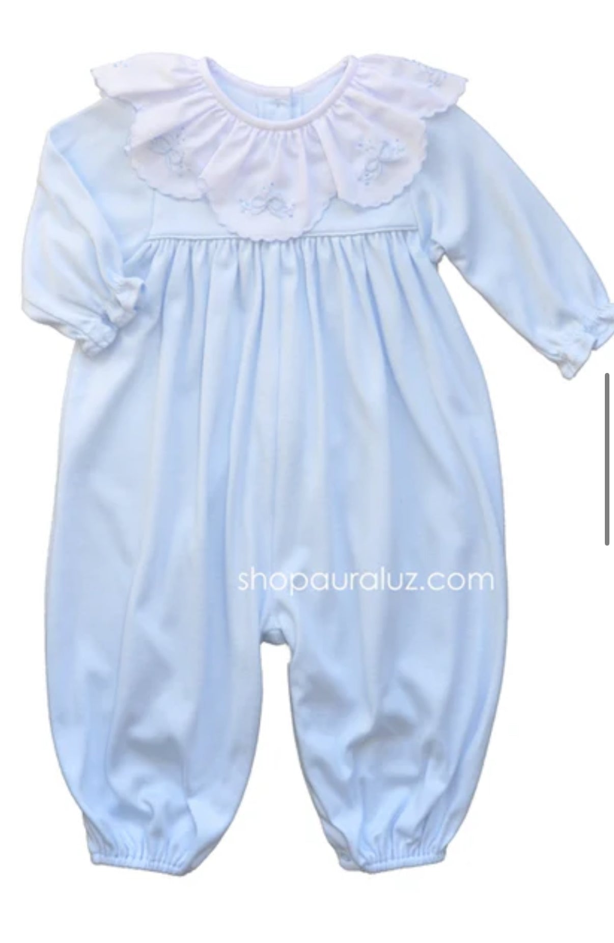 Blue with ruffle collar and embroidered bows Romper