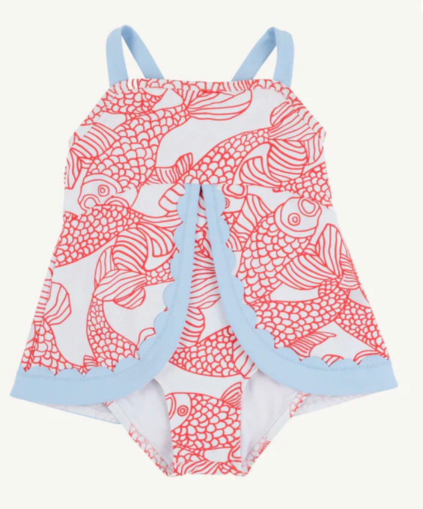 Children's swimsuit with fish pattern and blue straps on a white background
