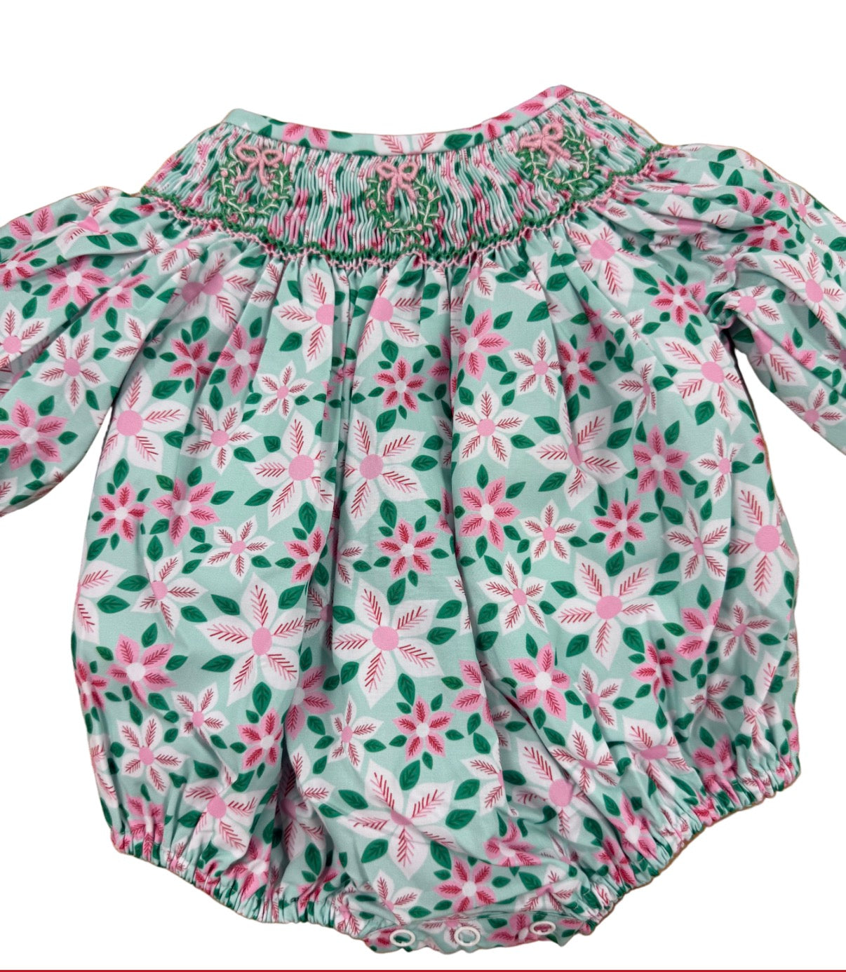 Pink and green smocked bubble with Christmas wreath design 