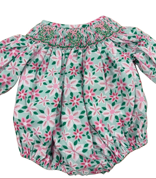 Pink and green smocked bubble with Christmas wreath design 