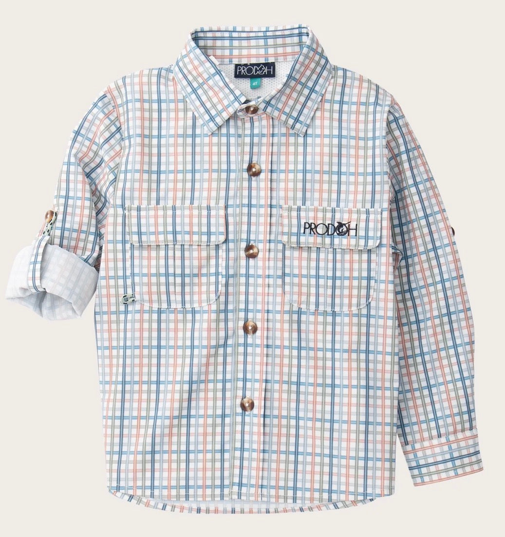 A long-sleeve button-up shirt by PRODOH, featuring a light blue and brown-green plaid pattern on a white base. The shirt has a pointed collar, brown buttons, two chest pockets, and a rolled-up sleeve showing a gingham lining.