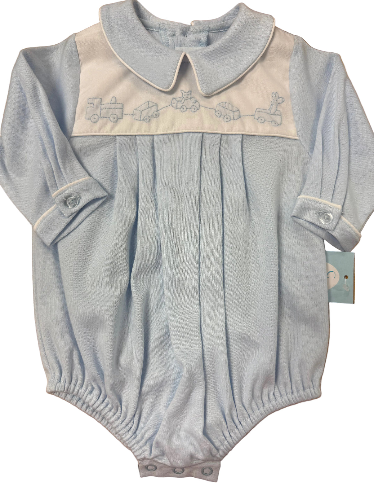 Blue with boy collar and embroidered train romper