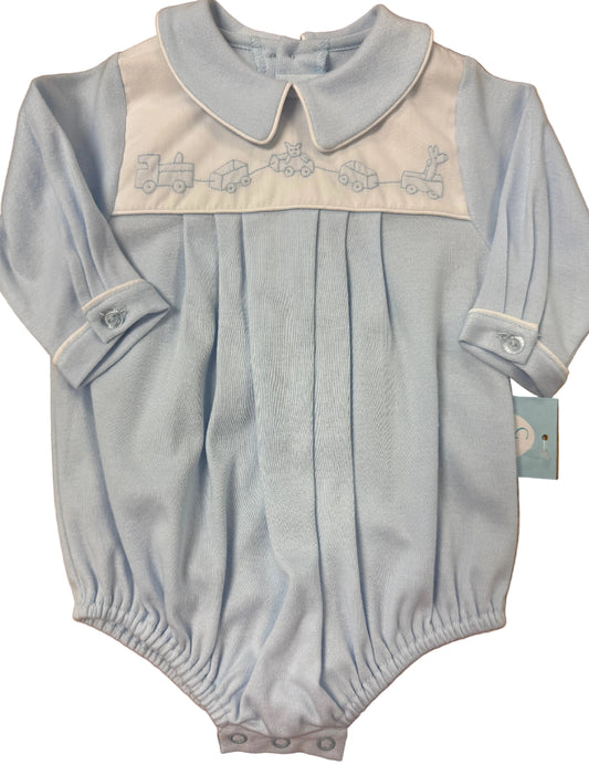 Blue with boy collar and embroidered train romper