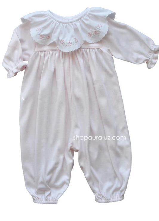 Pink with ruffle collar and embroidered flowers Romper
