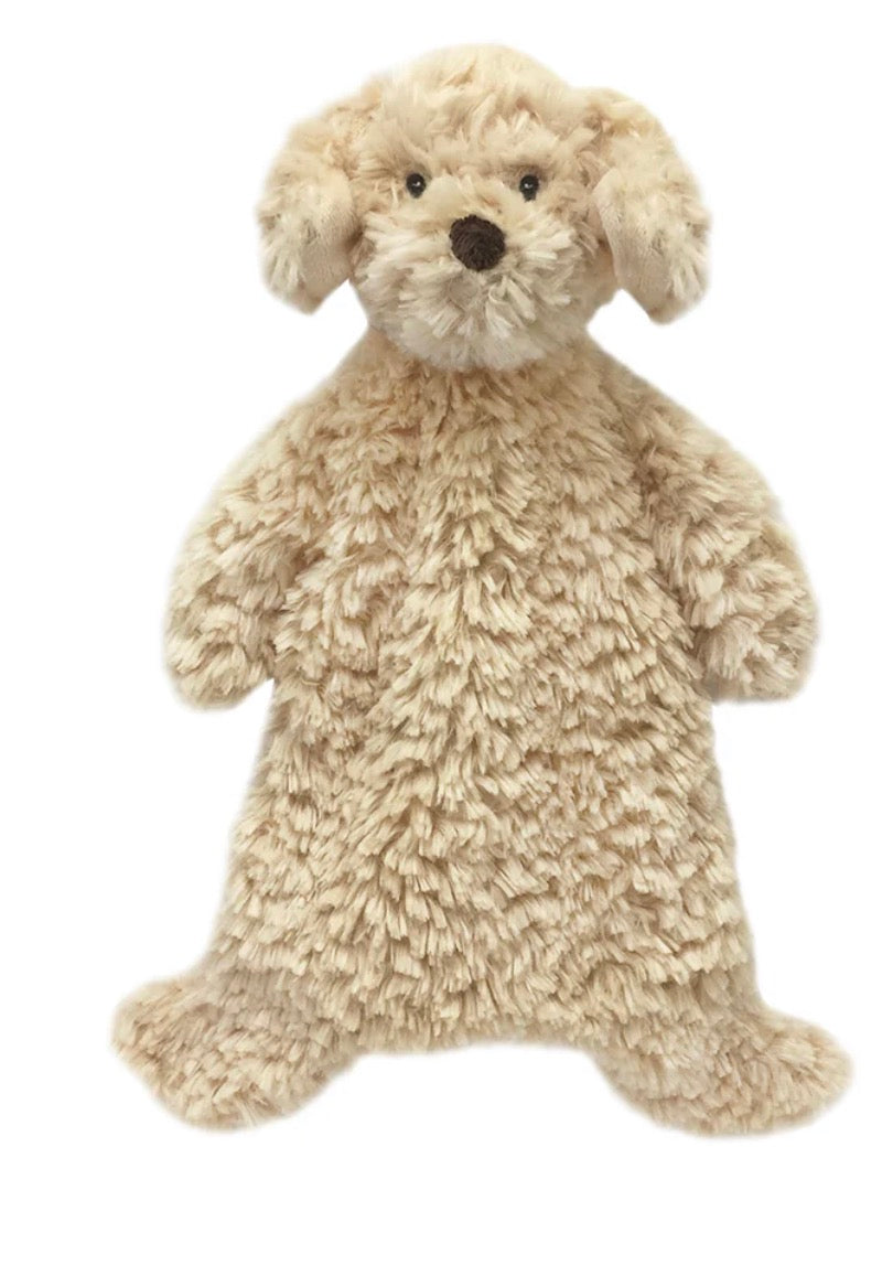 A beige curly-fleece dog-shaped blankie or plush toy with a dark brown nose and black eyes