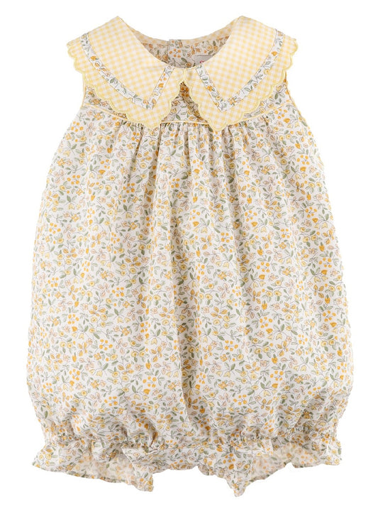 Yellow Floral baby romper with checkered collar 