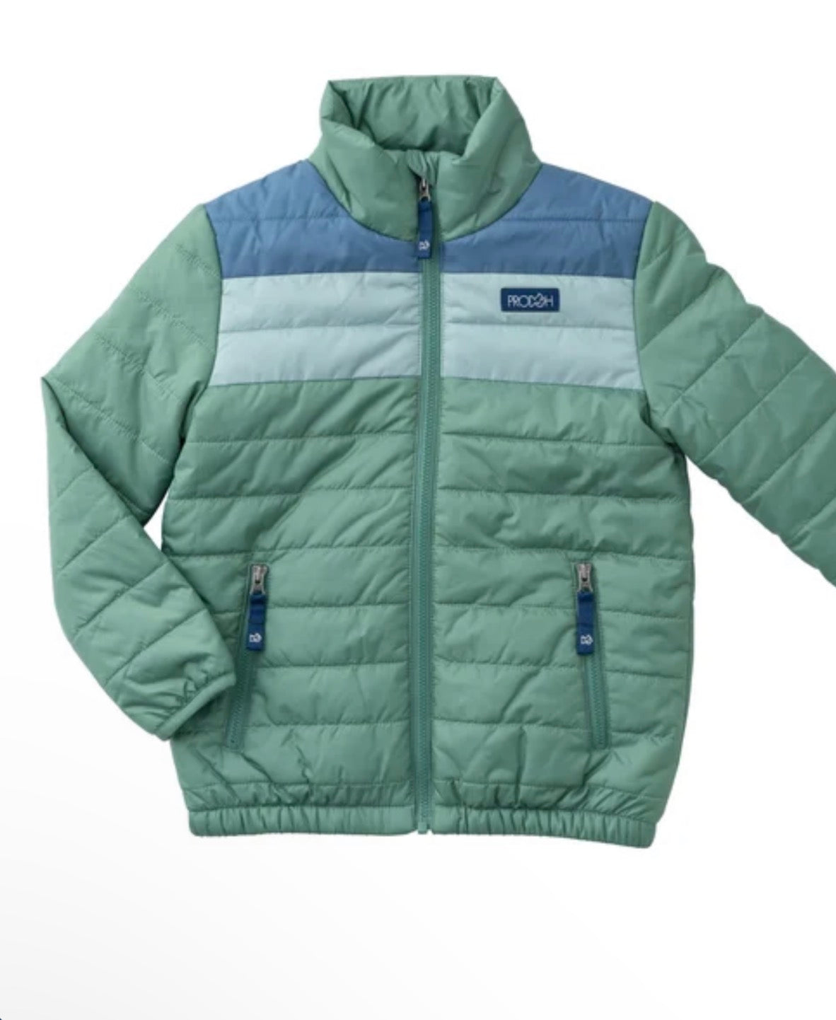 A green quilted puffer jacket with a light blue and white chest stripe, featuring a stand-up collar, full-length front zipper, and zippered hand pockets. The brand label on the chest reads 'mcco+'.