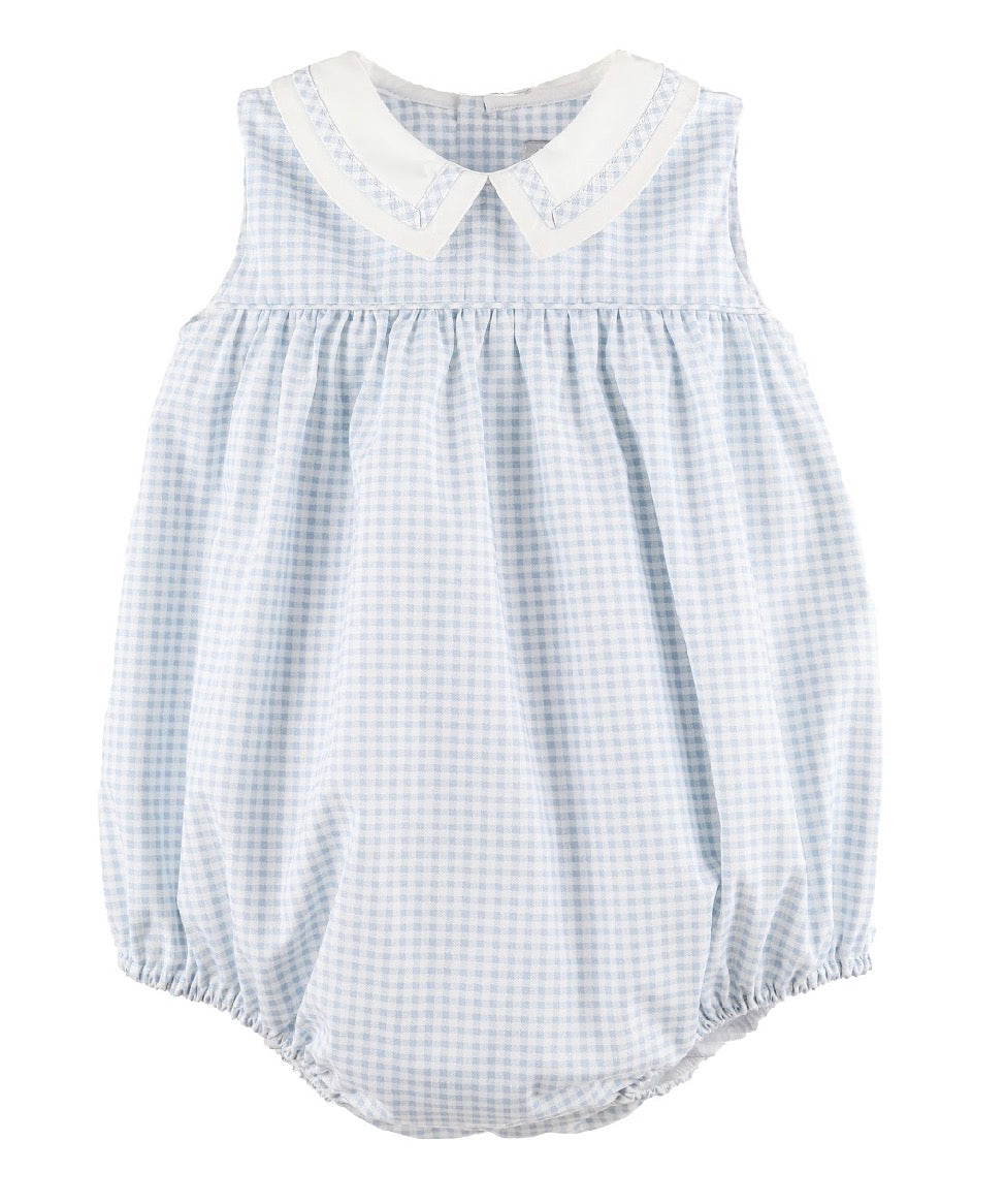 Baby romper with blue check pattern and white collar 