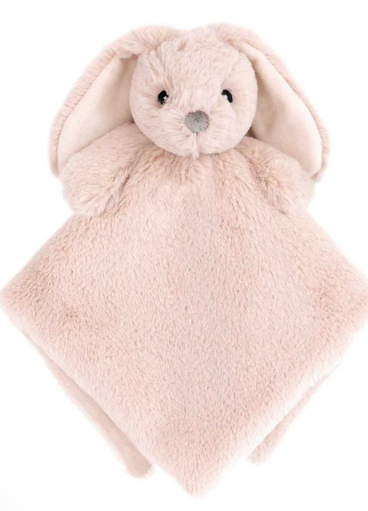 A soft plush bunny lovey blanket in a pale blush pink color, featuring a stuffed bunny head with floppy ears, embroidered eyes, and a small gray nose on a white background.