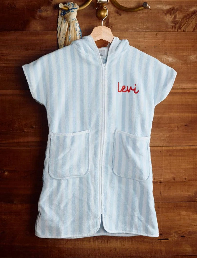 Light blue and white striped beach cover up with hood 