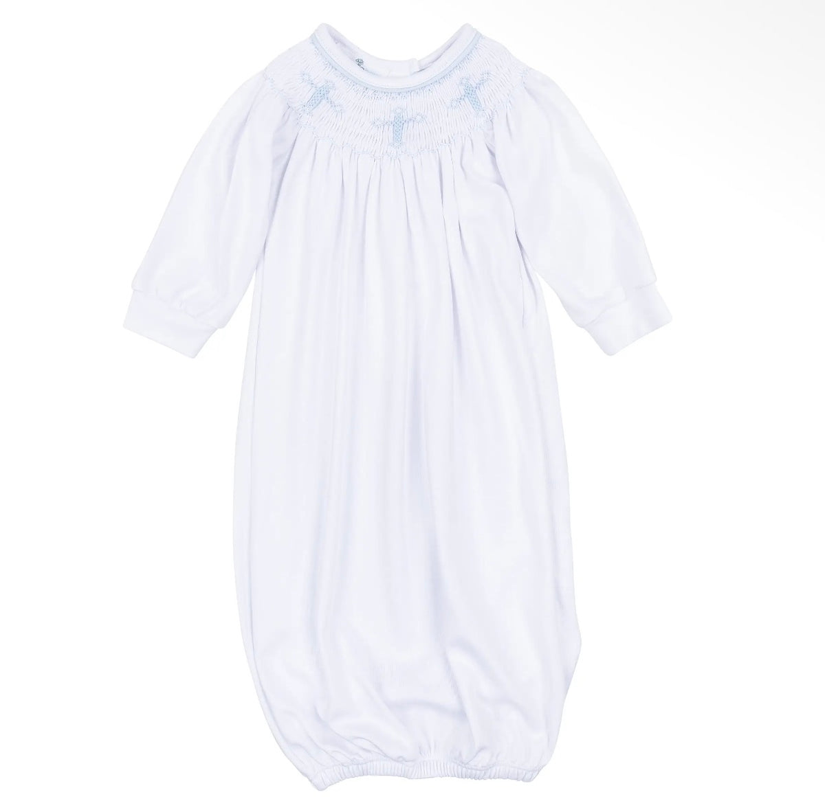 A white long-sleeve baby smocked gown with light blue embroidered crosses on the chest, shown against a plain white background.