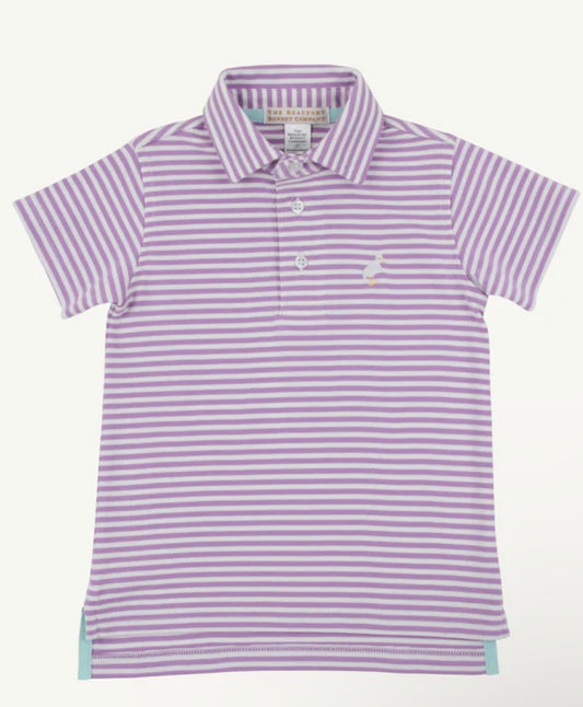 Purple and white striped polo shirt on a white background