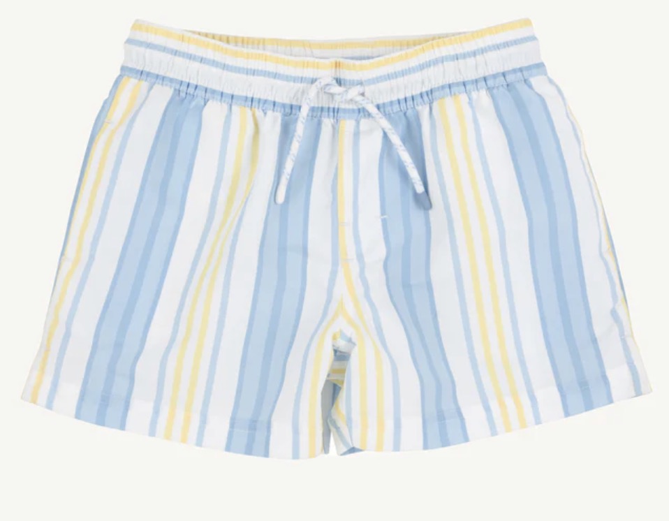 Striped swim shorts with blue, yellow, and white pattern on a white background