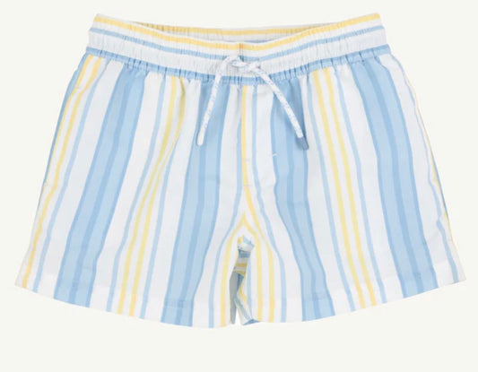 Striped swim shorts with blue, yellow, and white pattern on a white background