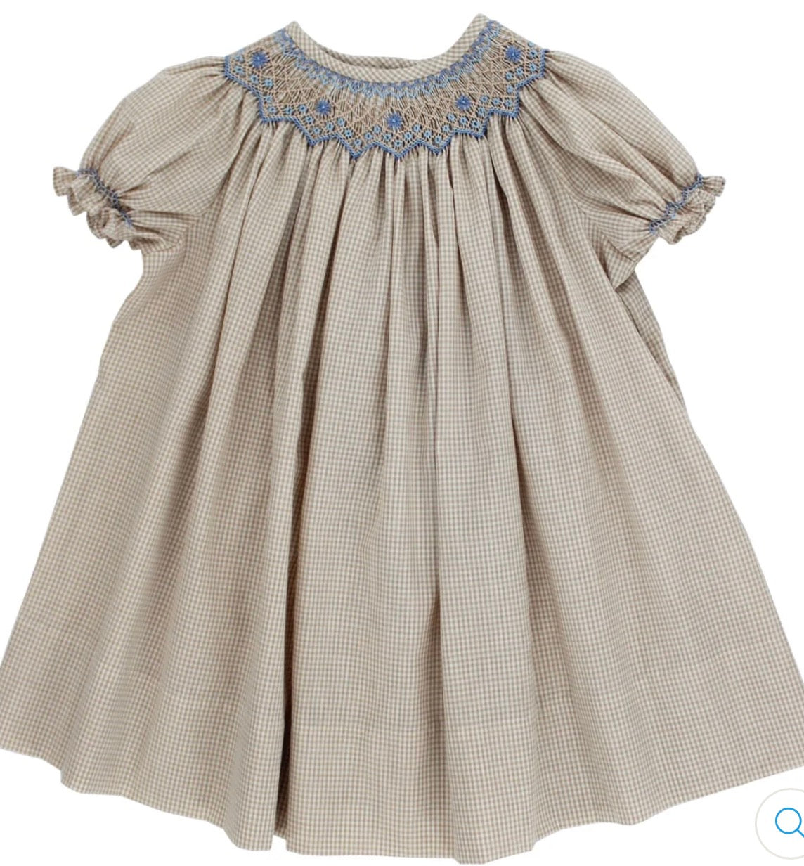 Tan and white checkered smocked dress with blue details in the smock collar plate 