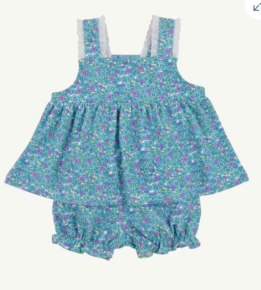 Blue floral sleeveless bloomer set 