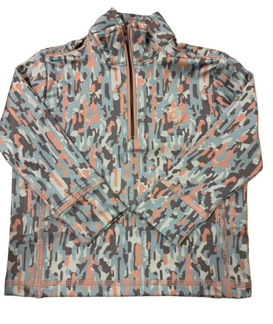A long-sleeve quarter-zip athletic jacket featuring an abstract camouflage pattern in muted teal, slate blue, peach, and charcoal gray. A small circular crest logo is printed on the left chest.