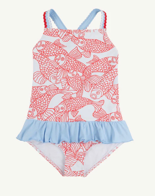 Children's swimsuit with fish pattern and ruffled hem on a white background
