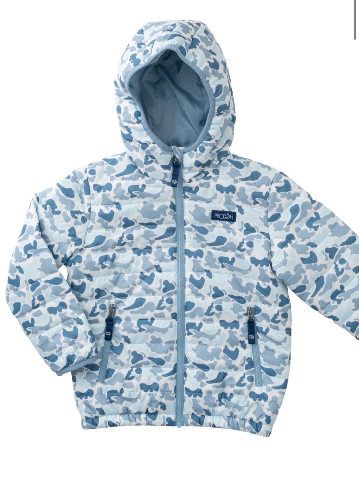 A hooded puffer jacket with a light blue and white camouflage pattern, featuring a front zipper, zippered hand pockets, and a small brand patch on the chest.