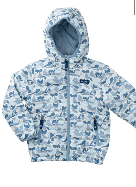 A hooded puffer jacket with a light blue and white camouflage pattern, featuring a front zipper, zippered hand pockets, and a small brand patch on the chest.
