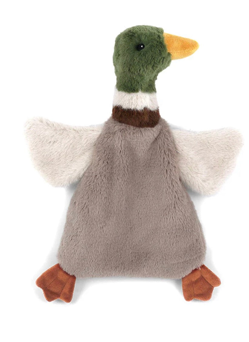 A plush stuffed duck blankie with a green head, yellow beak, white wings, brown neck band, and gray body.