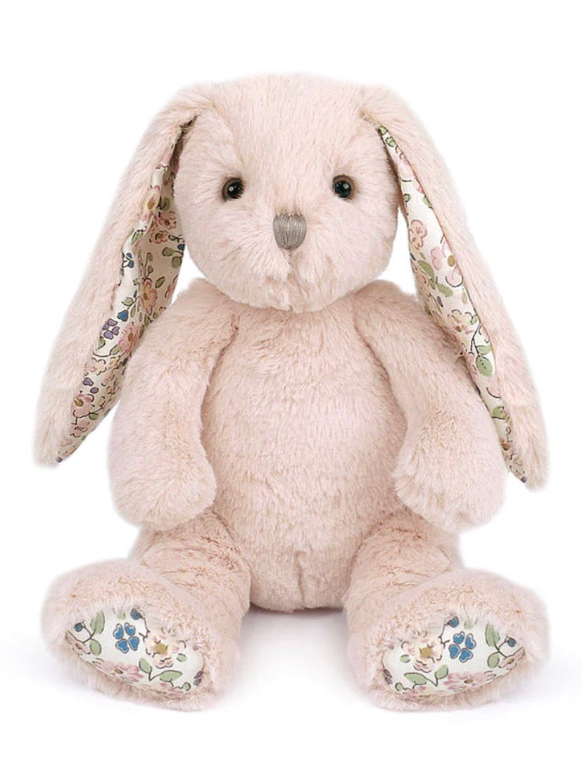 A plush stuffed bunny in a soft cream-beige color, featuring long floppy ears with a floral pattern lining, a gray fabric nose, and matching floral-patterned fabric on its feet, set against a plain white background.