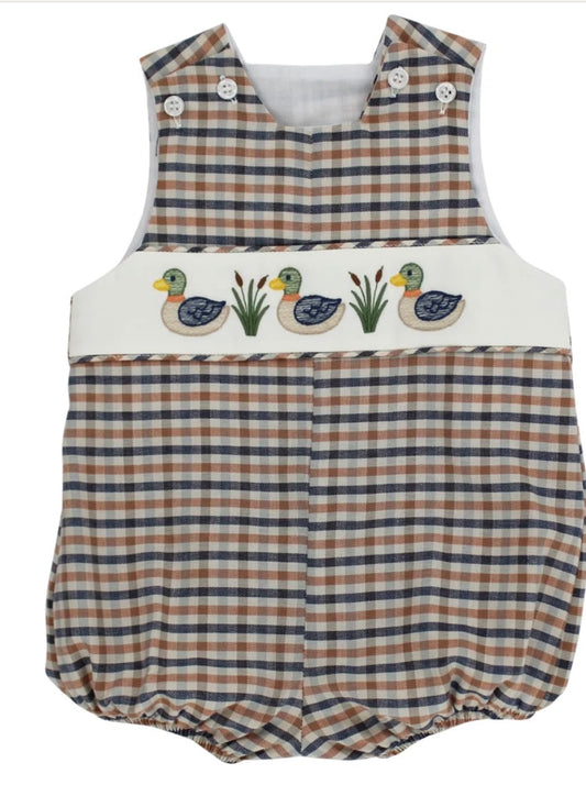 Plaid baby romper with duck design on a white background