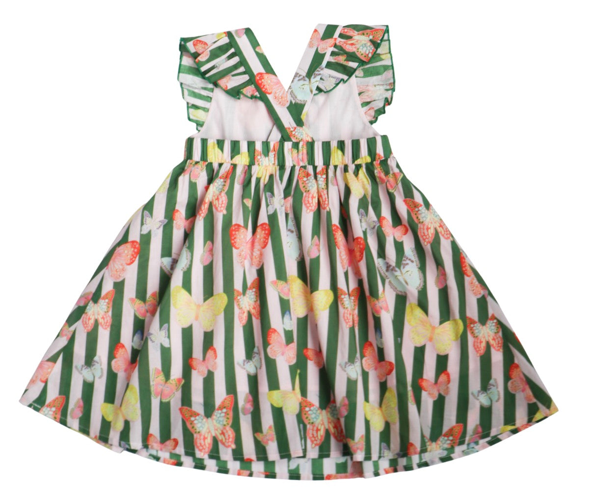 Children's dress with butterfly and green striped pattern with a crossback top 