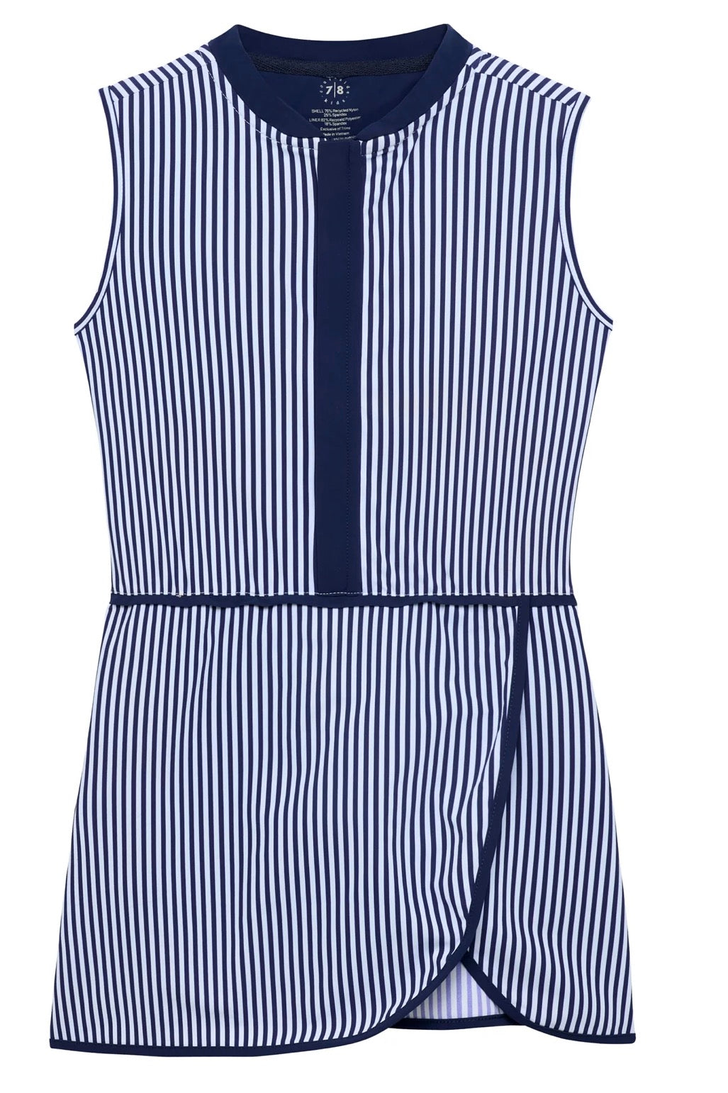 Navy and white striped dress on a white background
