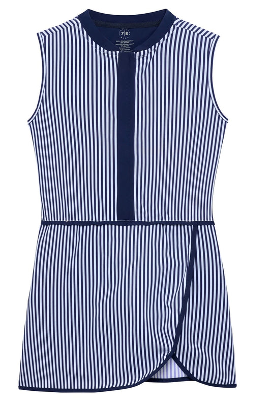 Navy and white striped dress on a white background