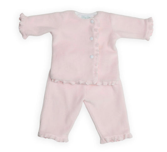 A light pink baby romper set with a long-sleeve cardigan top and matching pants, featuring ruffled cuffs, a ruffled hem, and snap-button front closure.