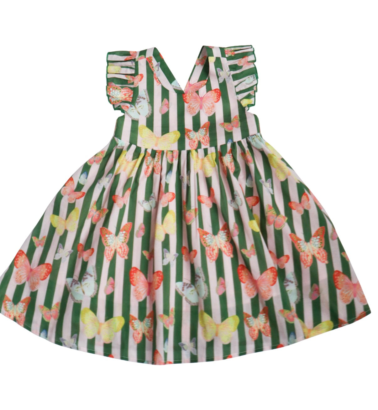 Children's dress with butterfly and striped  greeen pattern with crossback top 