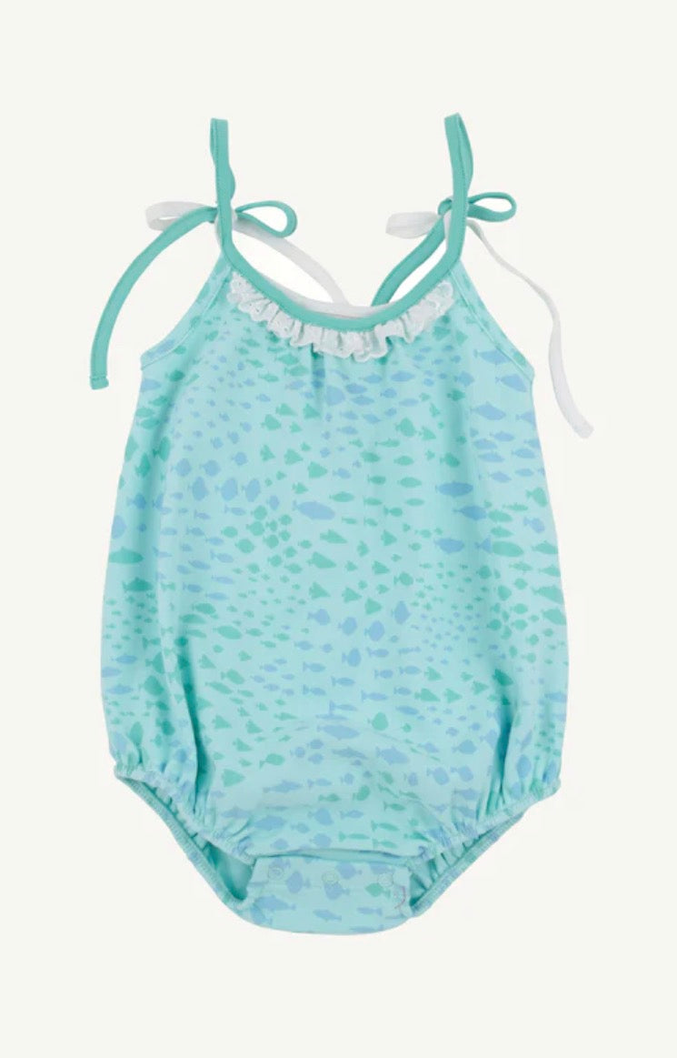 Teal baby bubble with school of fish pattern 