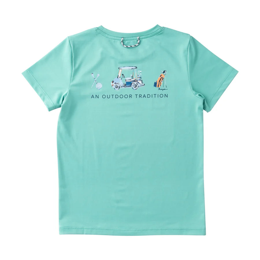Green short sleeve t-shirt with a golf cart design on the back.