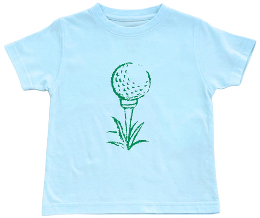 Light blue short sleeve t-shirt with a green golf tee design.