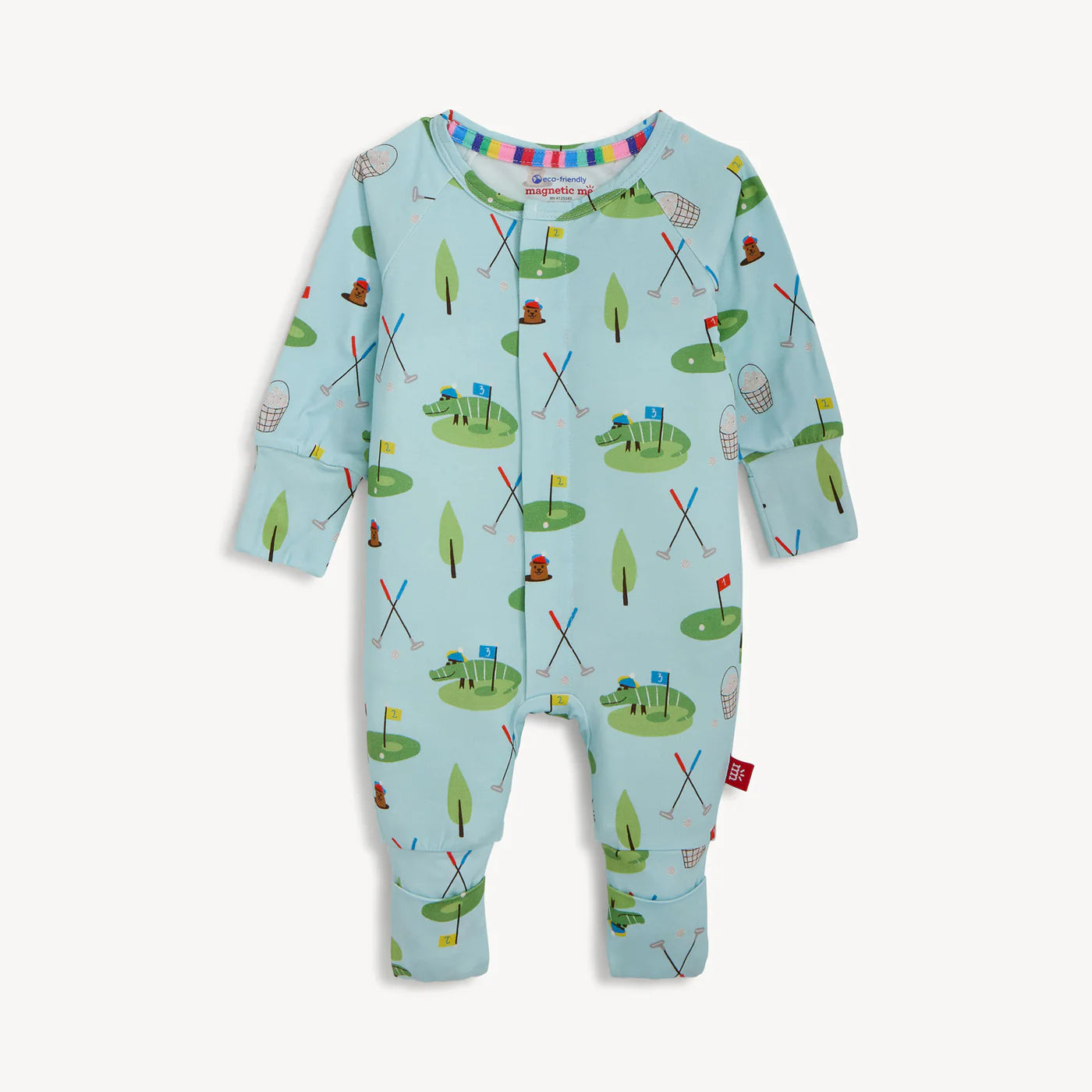 Pale teal golf themed coverall.