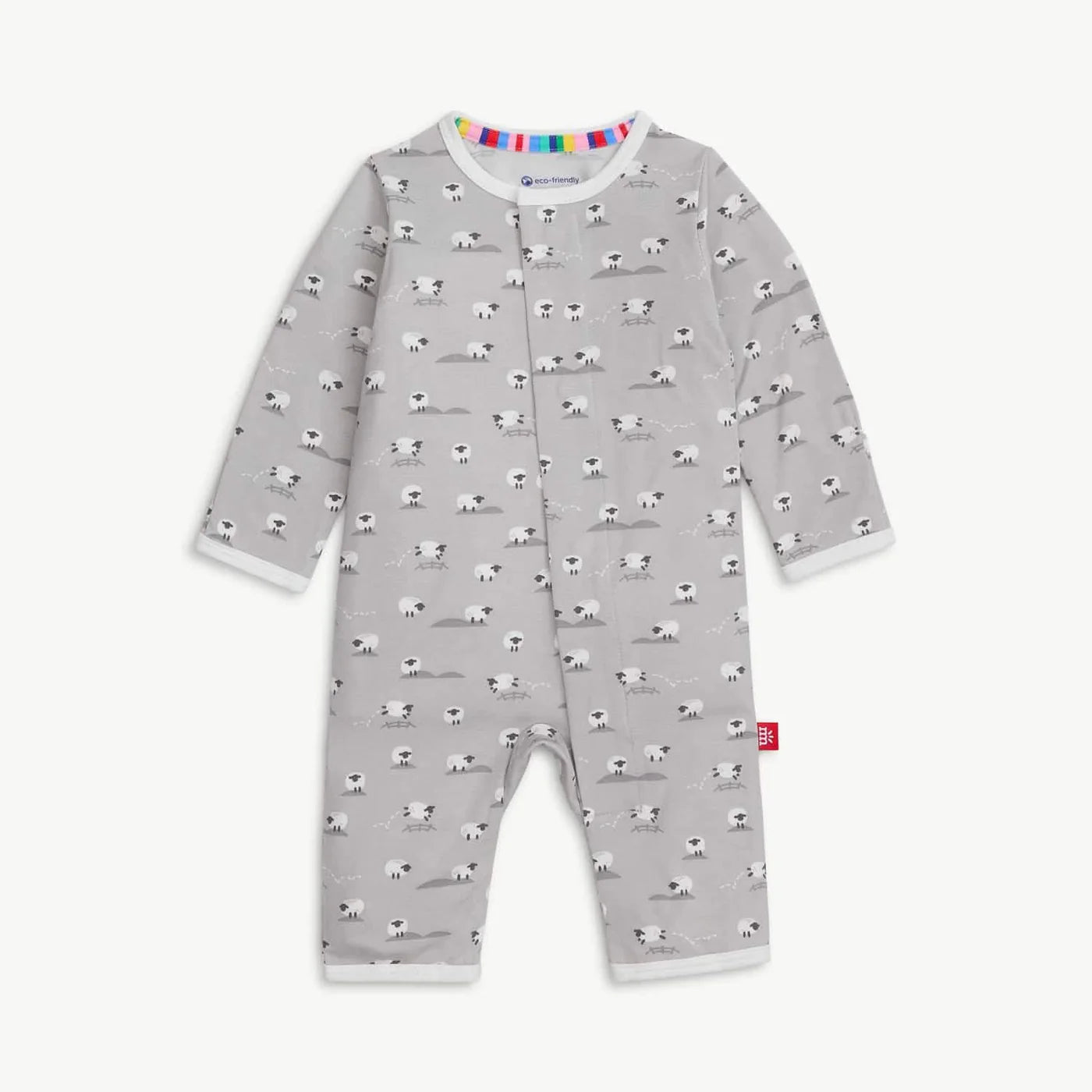 Gray coverall with sheep pattern.